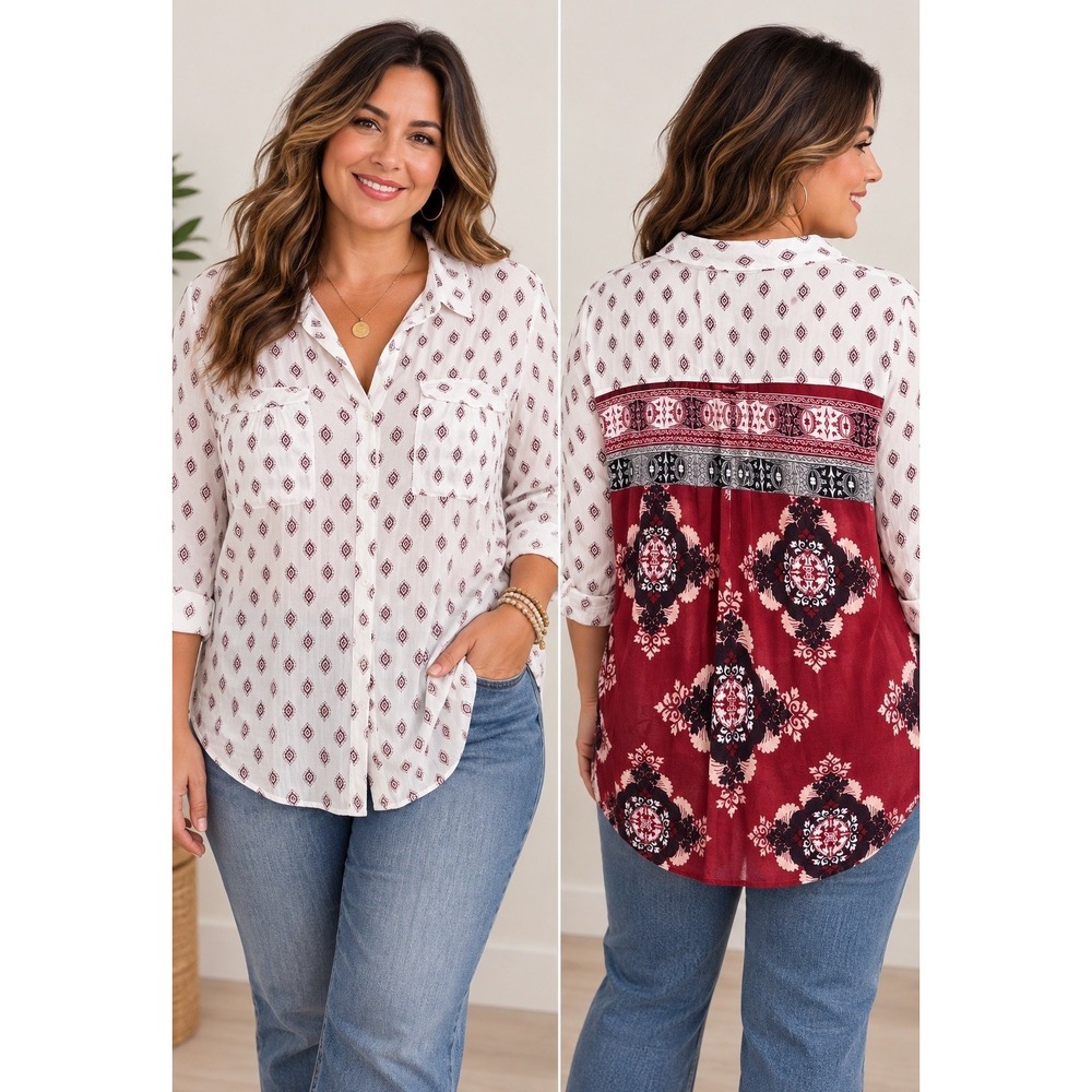 Style & Co. Women's Geometric Long Sleeve Button-Up Shirt Multicolor Size 1X